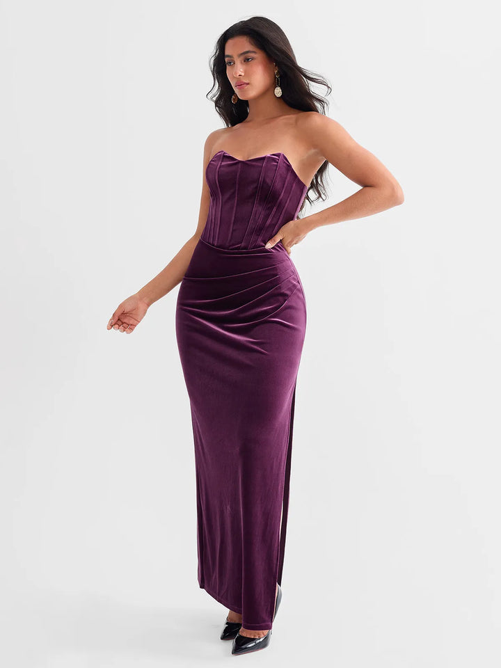 Strapless Velvet Ruched Sculpting Corset Gown - Modefluss