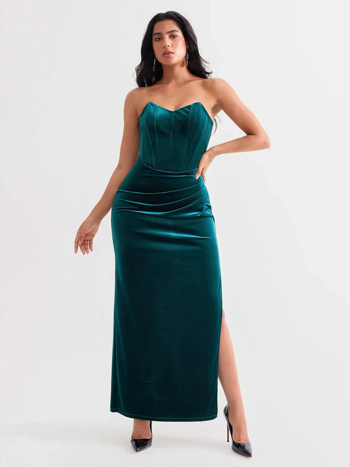 Strapless Velvet Ruched Sculpting Corset Gown - Modefluss