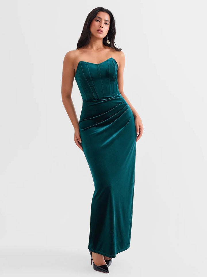 Strapless Velvet Ruched Sculpting Corset Gown - Modefluss