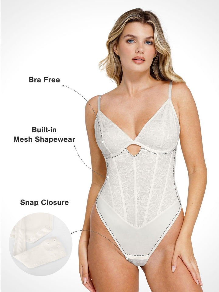 Body sculptant en dentelle avec corset découpé et sablier