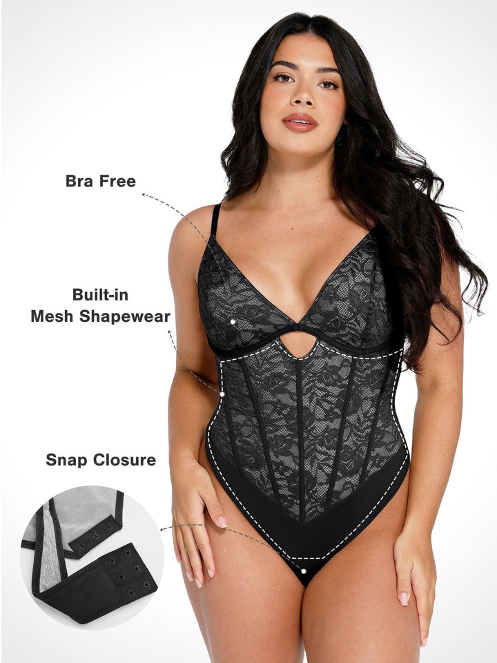 Body sculptant en dentelle avec corset découpé et sablier