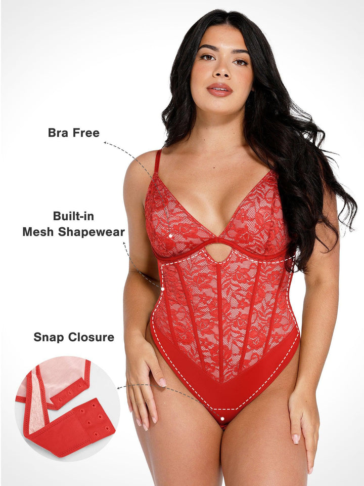 Body sculptant en dentelle avec corset découpé et sablier