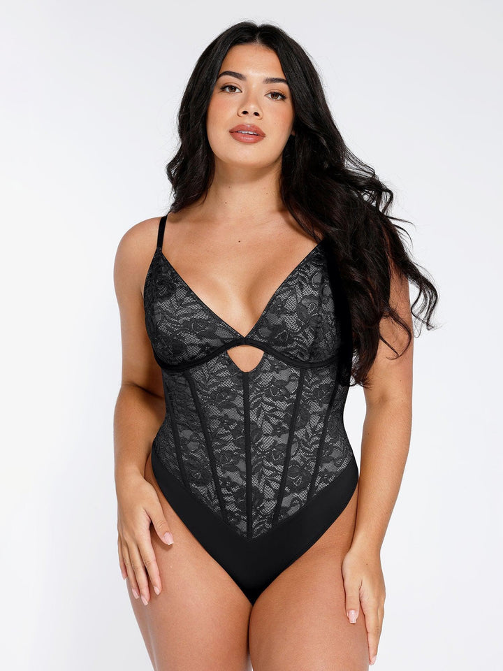 Body sculptant en dentelle avec corset découpé et sablier