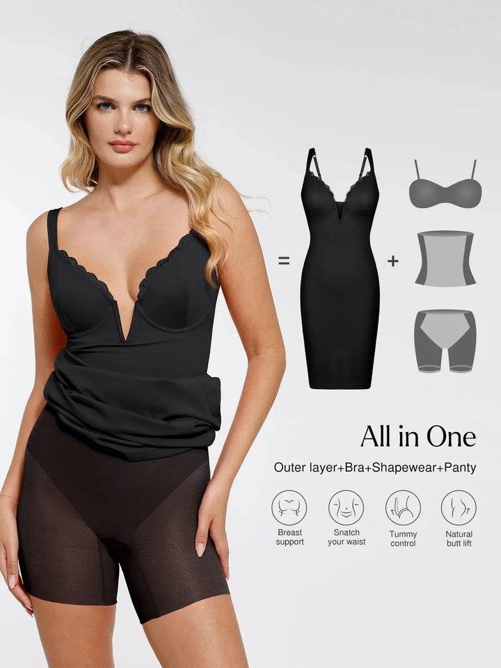 Shapewear Plunging V Lace Trim Bodycon Mini Dress - Modefluss