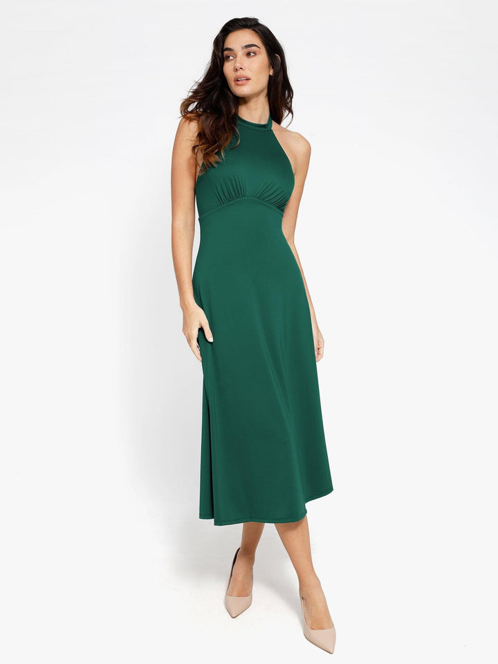 Shapewear Sculpting Backless Halter A-Line Midi Dress - Modefluss