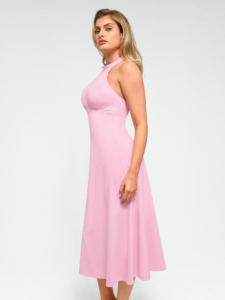 Shapewear Sculpting Backless Halter A-Line Midi Dress - Modefluss