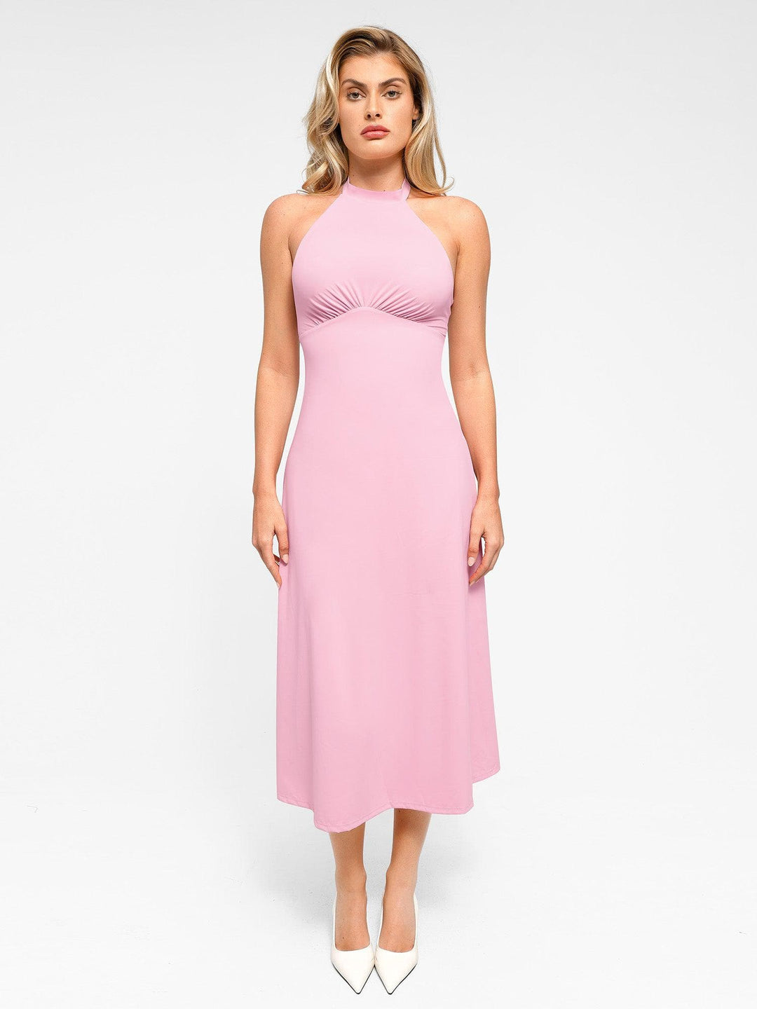 Shapewear Sculpting Backless Halter A-Line Midi Dress - Modefluss