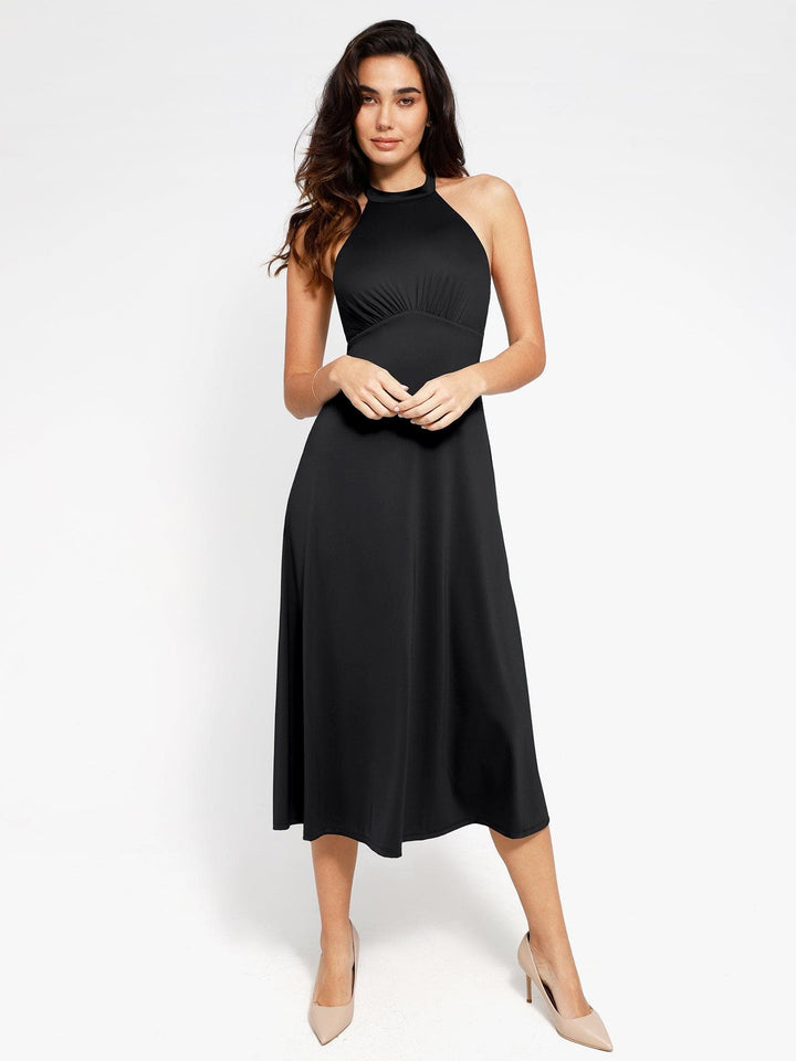Shapewear Sculpting Backless Halter A-Line Midi Dress - Modefluss