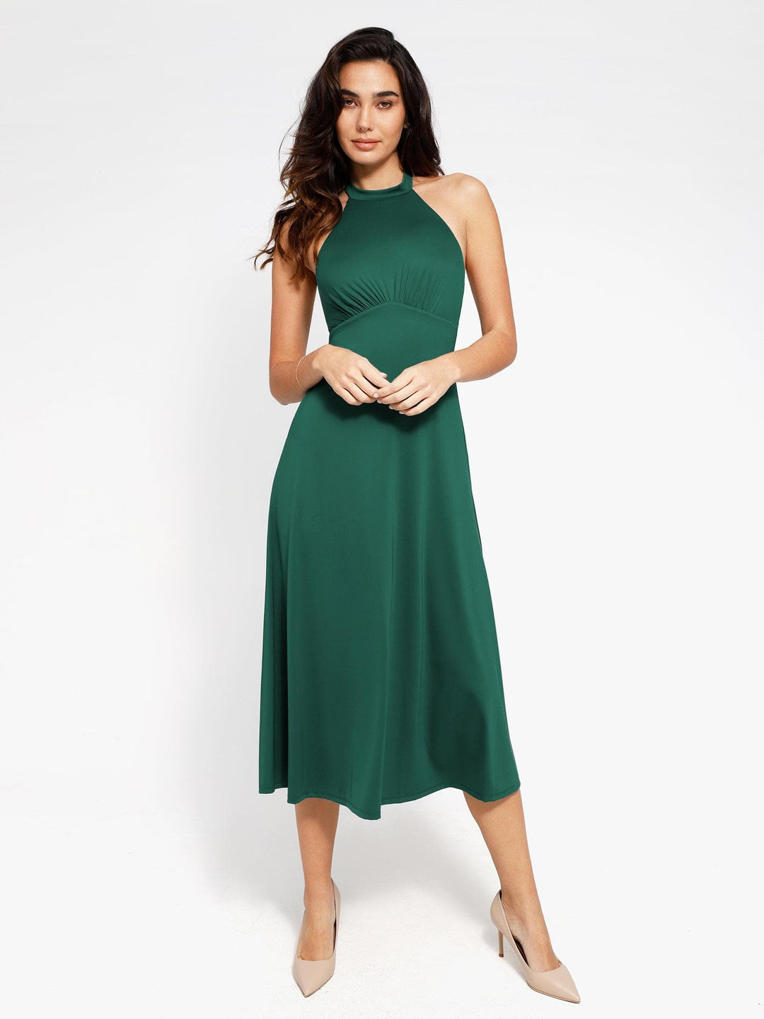 Shapewear Sculpting Backless Halter A-Line Midi Dress - Modefluss
