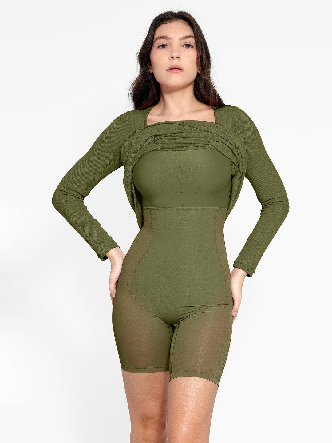 Shapewear Square Neck Long Sleeve Slimming Modal Maxi Dress - Modefluss
