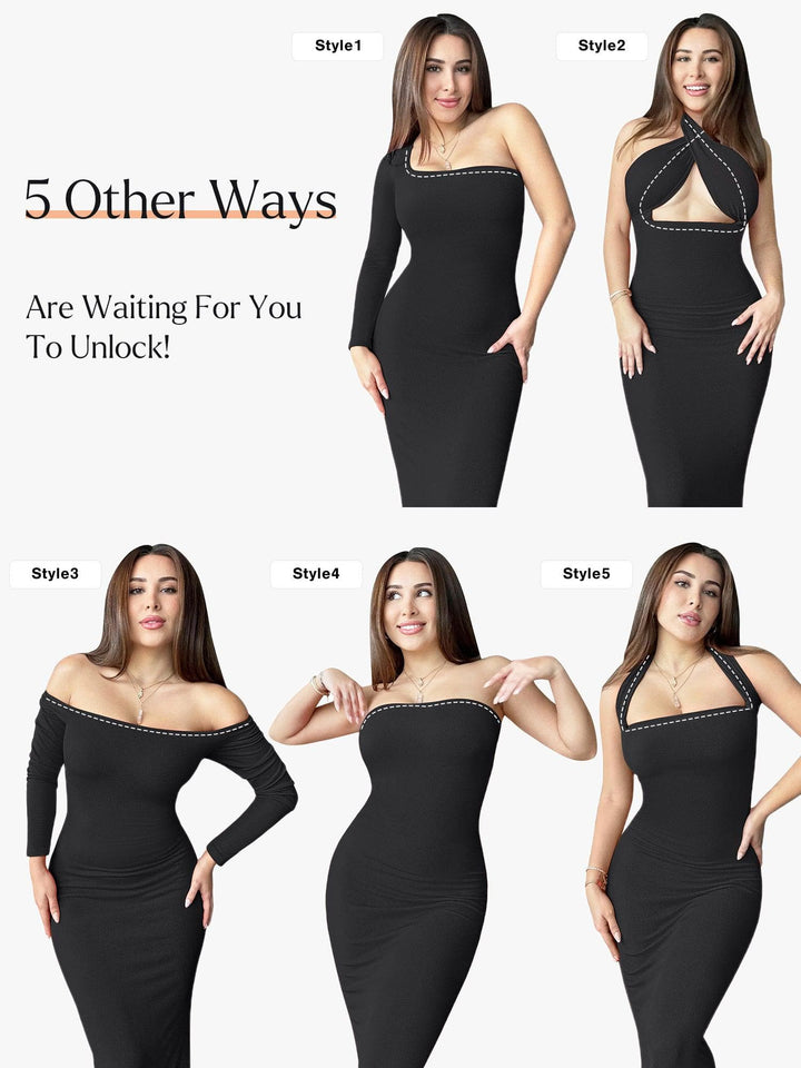 Shapewear Square Neck Long Sleeve Slimming Modal Maxi Dress - Modefluss