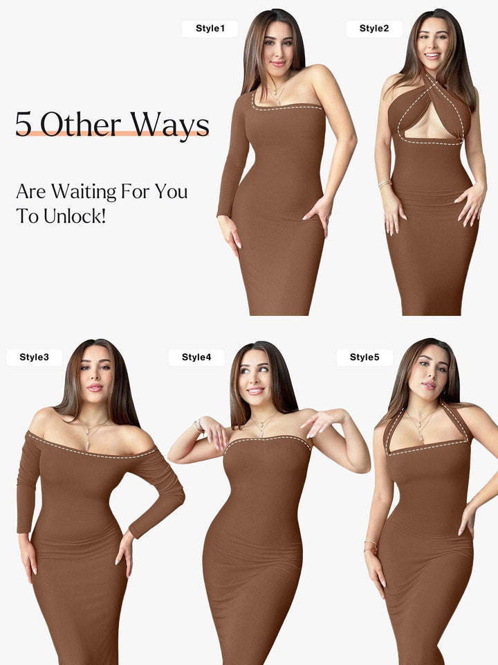Shapewear Square Neck Long Sleeve Slimming Modal Maxi Dress - Modefluss