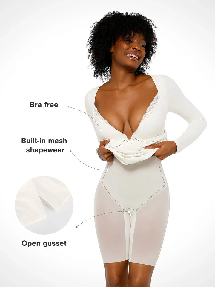 Shapewear Long Sleeve Lace Trim Sculpting Mermaid Maxi Dress - Modefluss