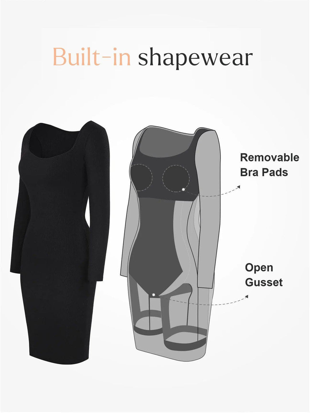 Shapewear Long Sleeve Square Neck Modal Slimming Midi Dress - Modefluss