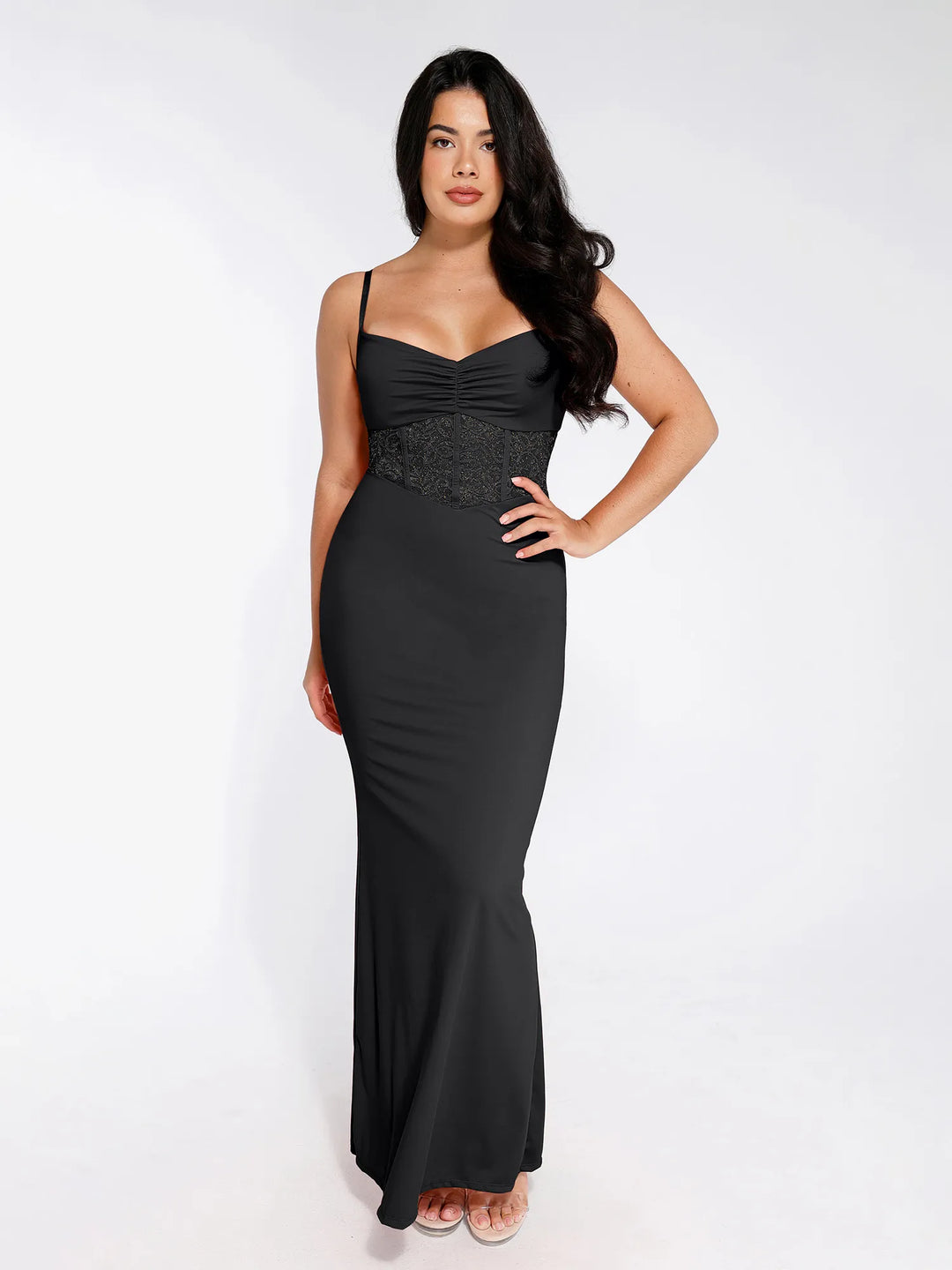 Shapewear Lace Inset Sculpting Mermaid Maxi Slip Dress - Modefluss