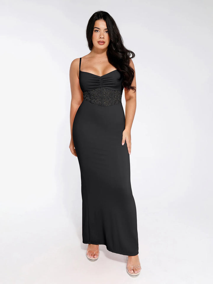 Shapewear Lace Inset Sculpting Mermaid Maxi Slip Dress - Modefluss