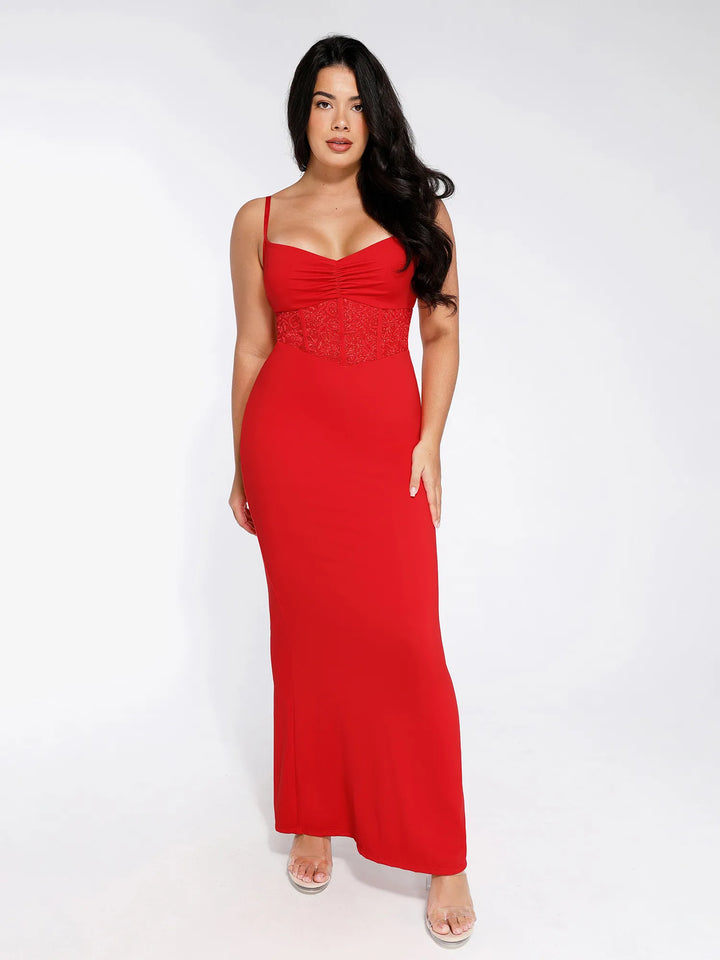 Shapewear Lace Inset Sculpting Mermaid Maxi Slip Dress - Modefluss