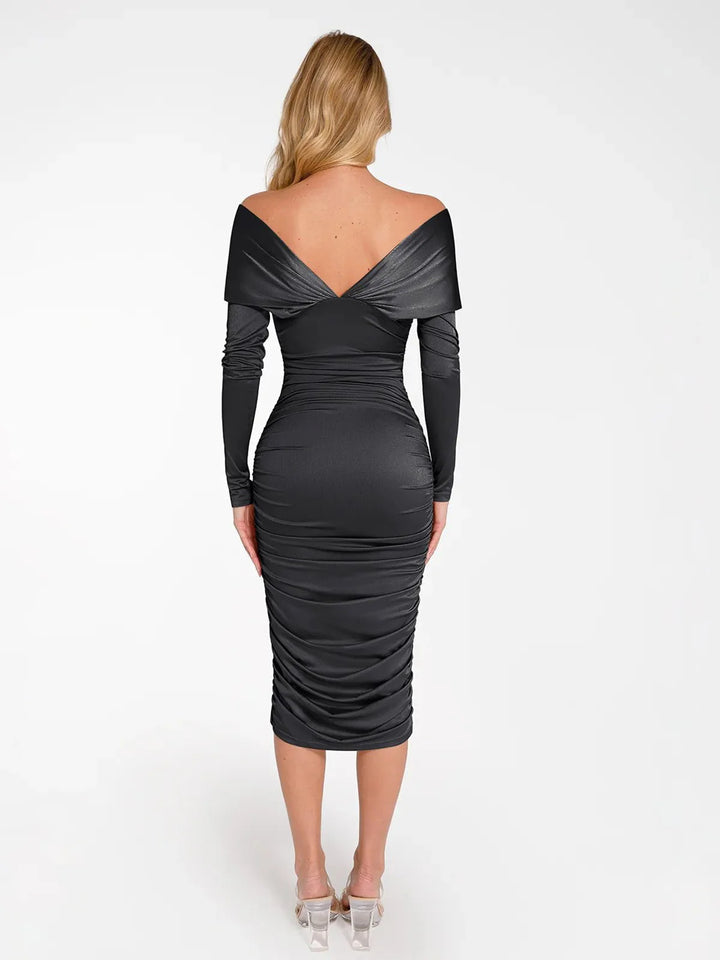 Shapewear Off-Shoulder Ruched Shine Sculpting Midi Dress - Modefluss