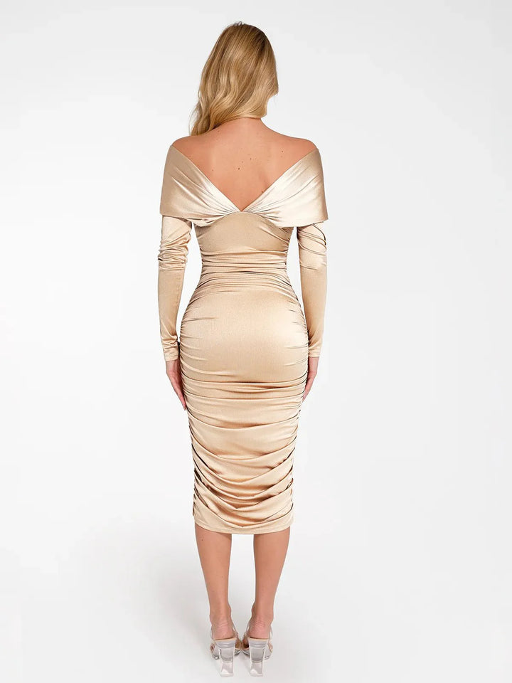 Shapewear Off-Shoulder Ruched Shine Sculpting Midi Dress - Modefluss