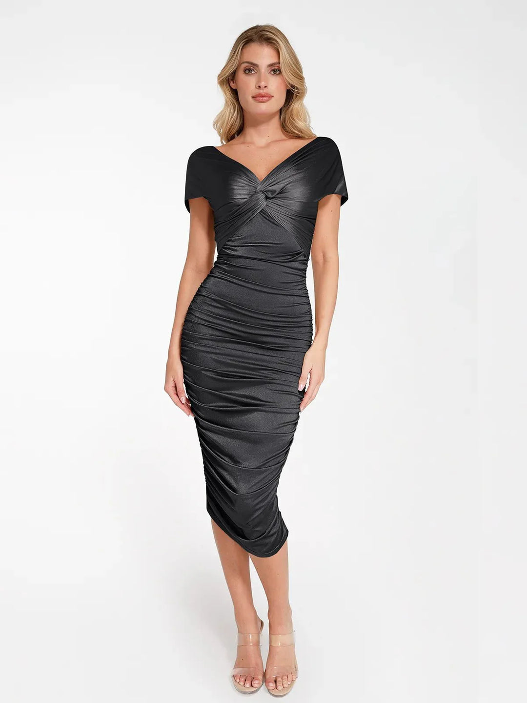 Shapewear Off-Shoulder Ruched Shine Sculpting Midi Dress - Modefluss