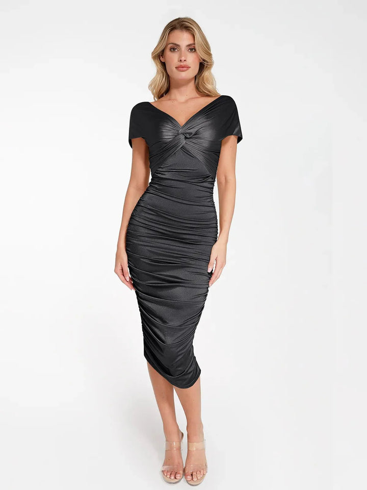 Shapewear Off-Shoulder Ruched Shine Sculpting Midi Dress - Modefluss