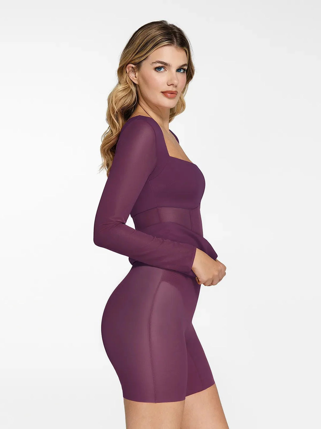 Shapewear Long Sleeve Mesh Inset Bodycon Midi Dress - Modefluss