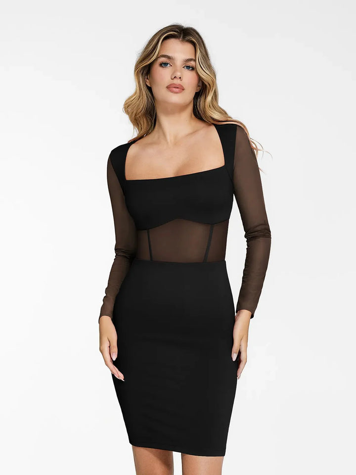 Shapewear Long Sleeve Mesh Inset Bodycon Midi Dress - Modefluss