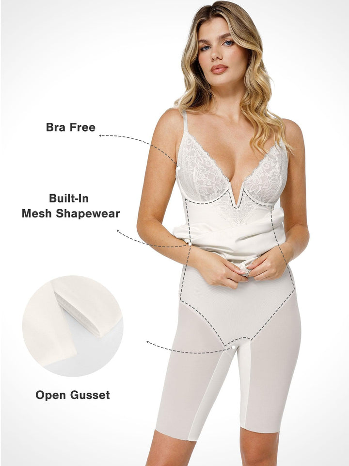 Shapewear Built-In Sculpting Lace Trim Midi Slip Dress - Modefluss