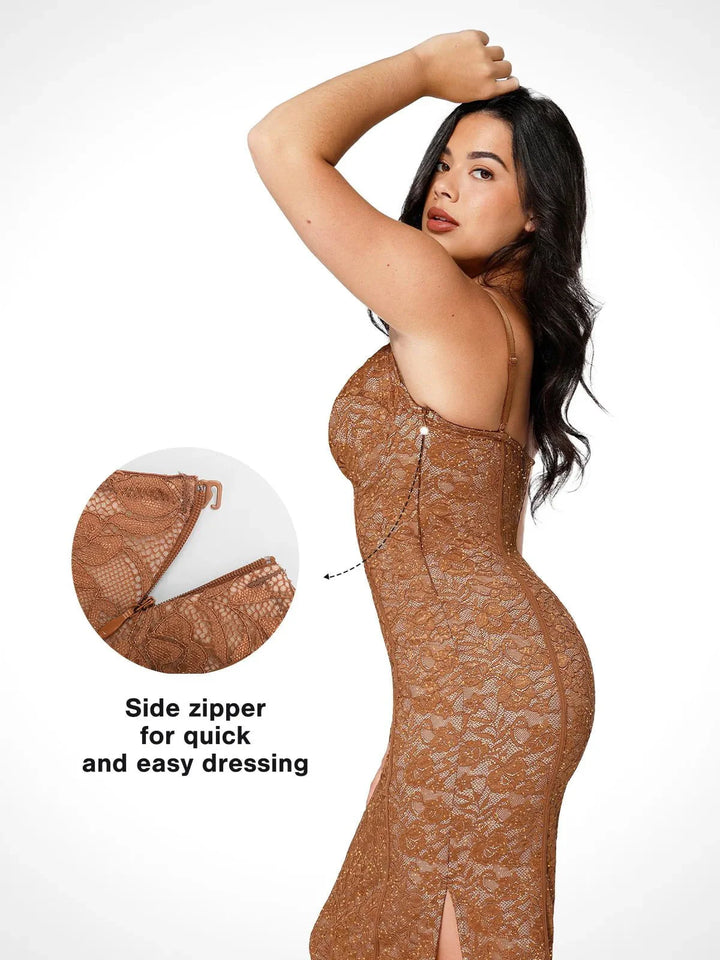 Shapewear All-Lace Hourglass Corset Side Slit Midi Dress - Modefluss