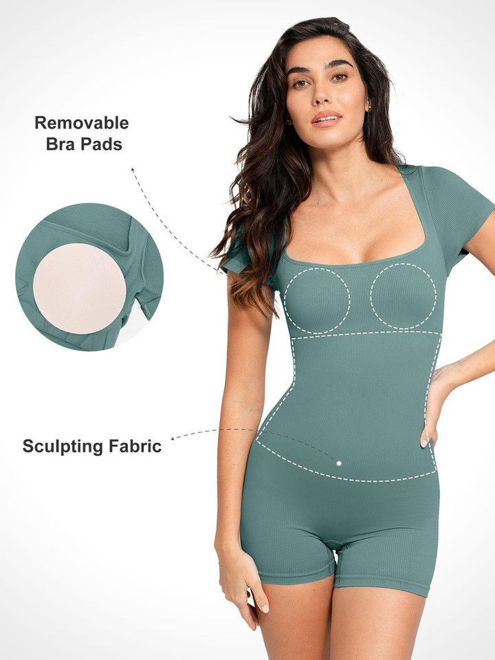 Shapewear Seamless Rib Square Neck Cap Sleeve Romper - Modefluss