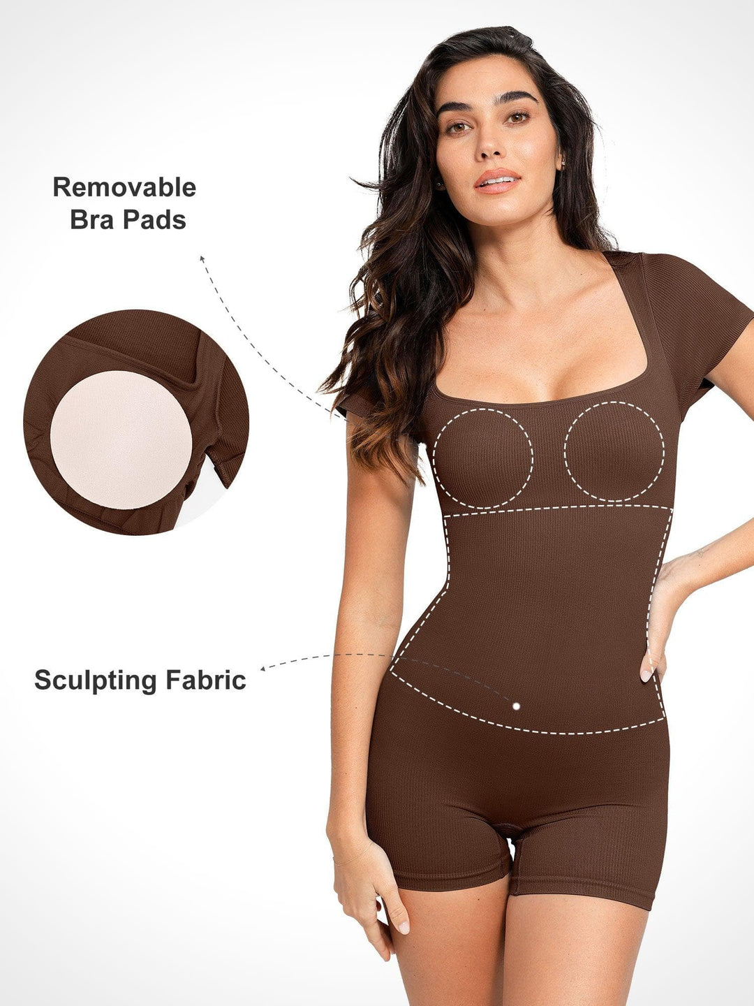Shapewear Seamless Rib Square Neck Cap Sleeve Romper - Modefluss