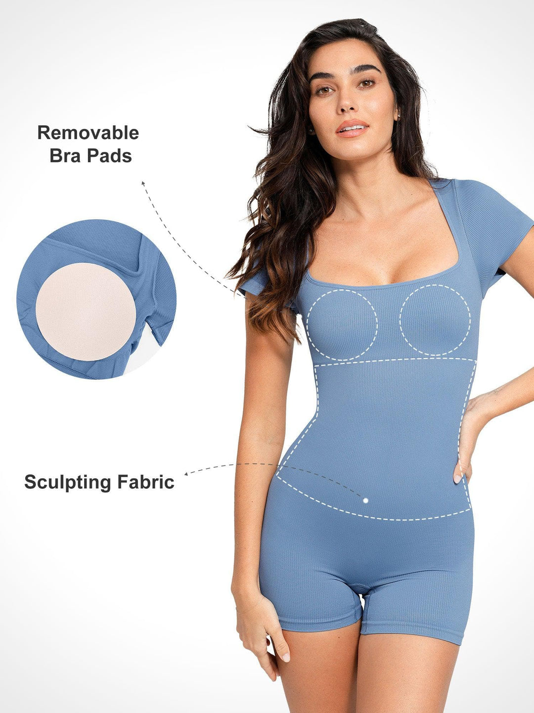 Shapewear Seamless Rib Square Neck Cap Sleeve Romper - Modefluss
