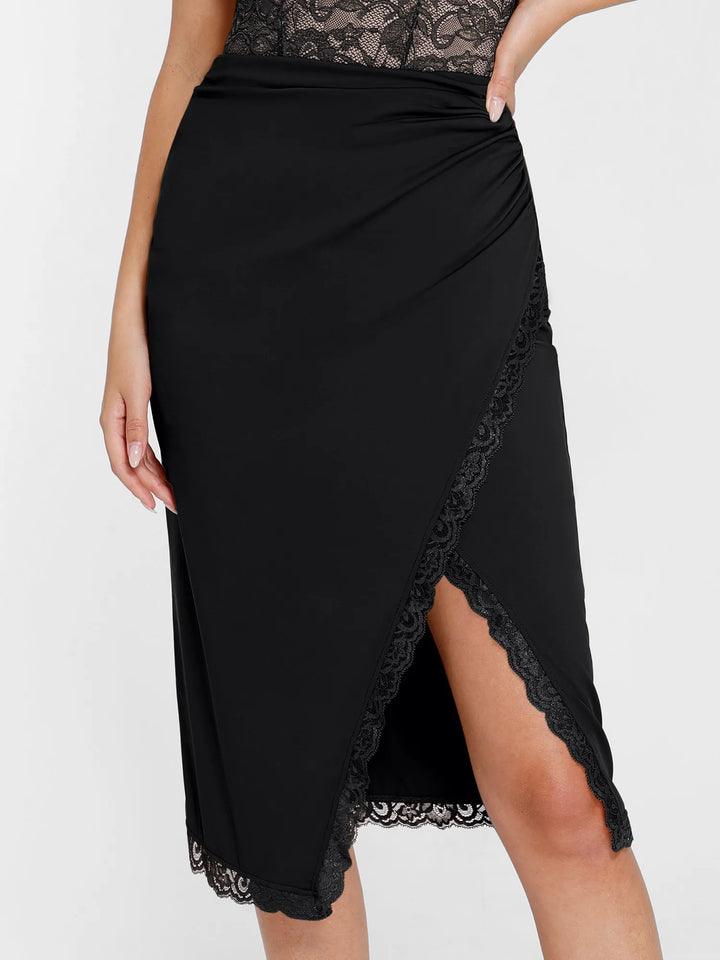 Shapewear Slimming Lace Trim Midi Wrap Skirt - Modefluss