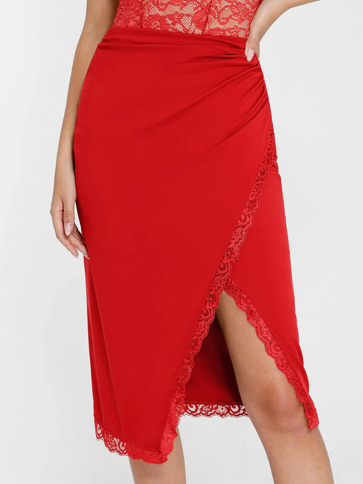 Shapewear Slimming Lace Trim Midi Wrap Skirt - Modefluss