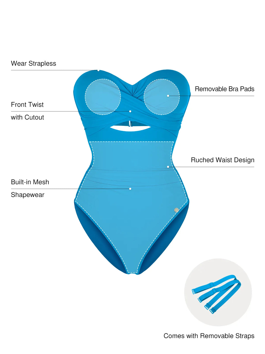 Twist & Shirred Sculpting One-Piece with Removable Straps - Modefluss
