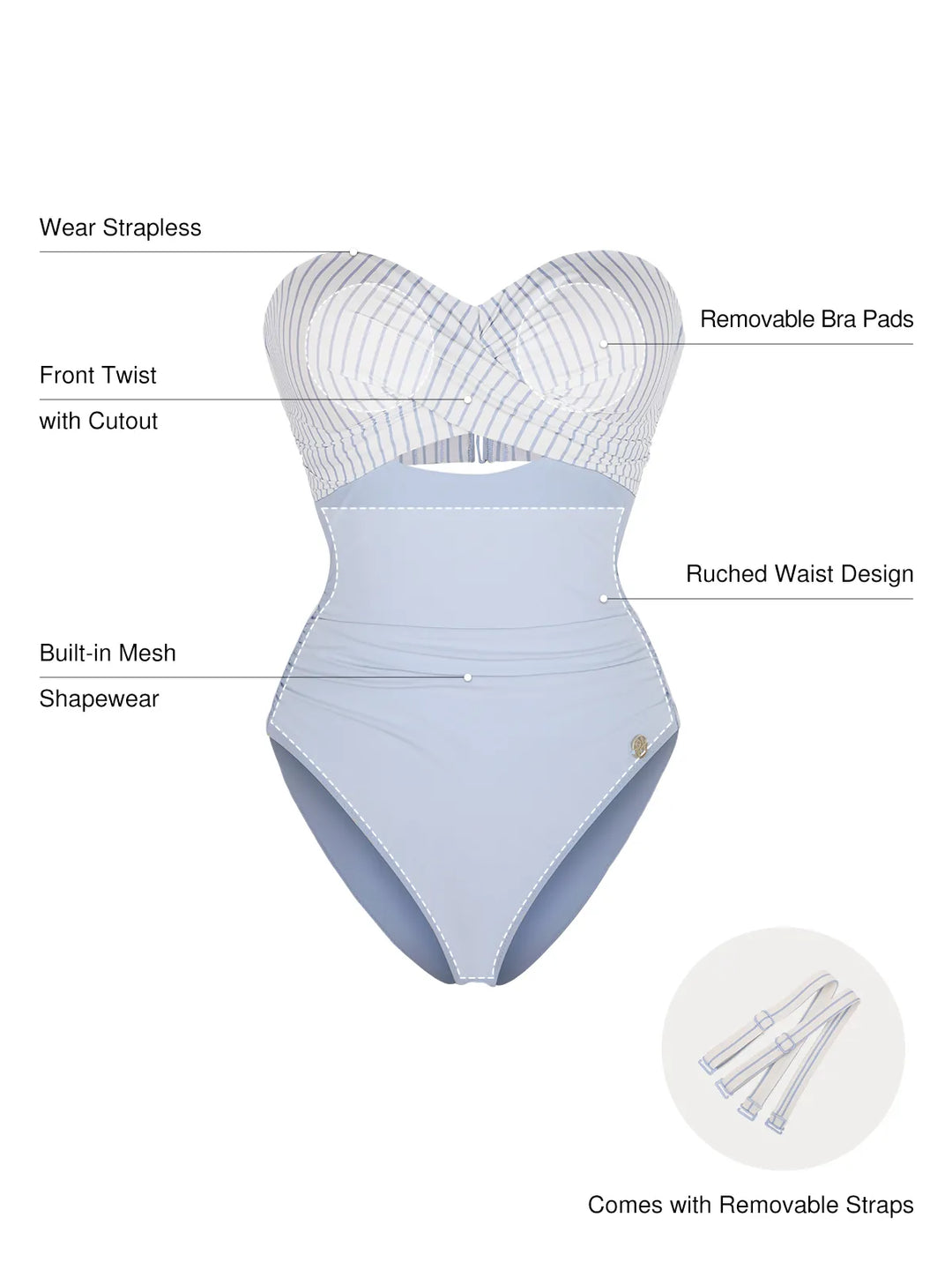 Twist & Shirred Sculpting One-Piece with Removable Straps - Modefluss