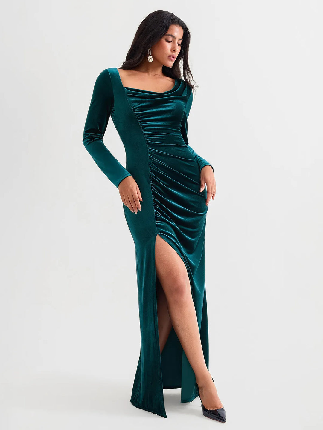 Velvet Draped Long Sleeve Sculpting Column Gown - Modefluss