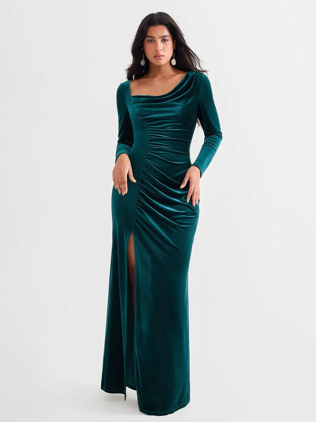 Velvet Draped Long Sleeve Sculpting Column Gown - Modefluss