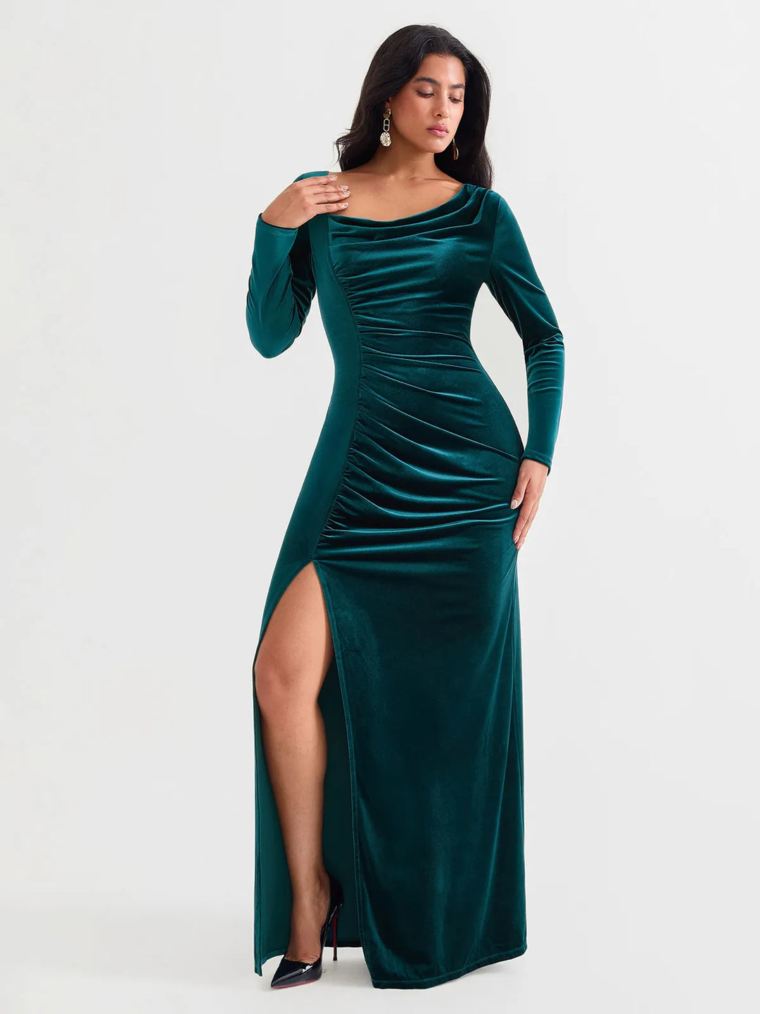 Velvet Draped Long Sleeve Sculpting Column Gown - Modefluss
