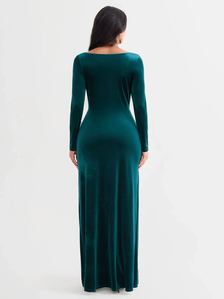 Velvet Draped Long Sleeve Sculpting Column Gown - Modefluss