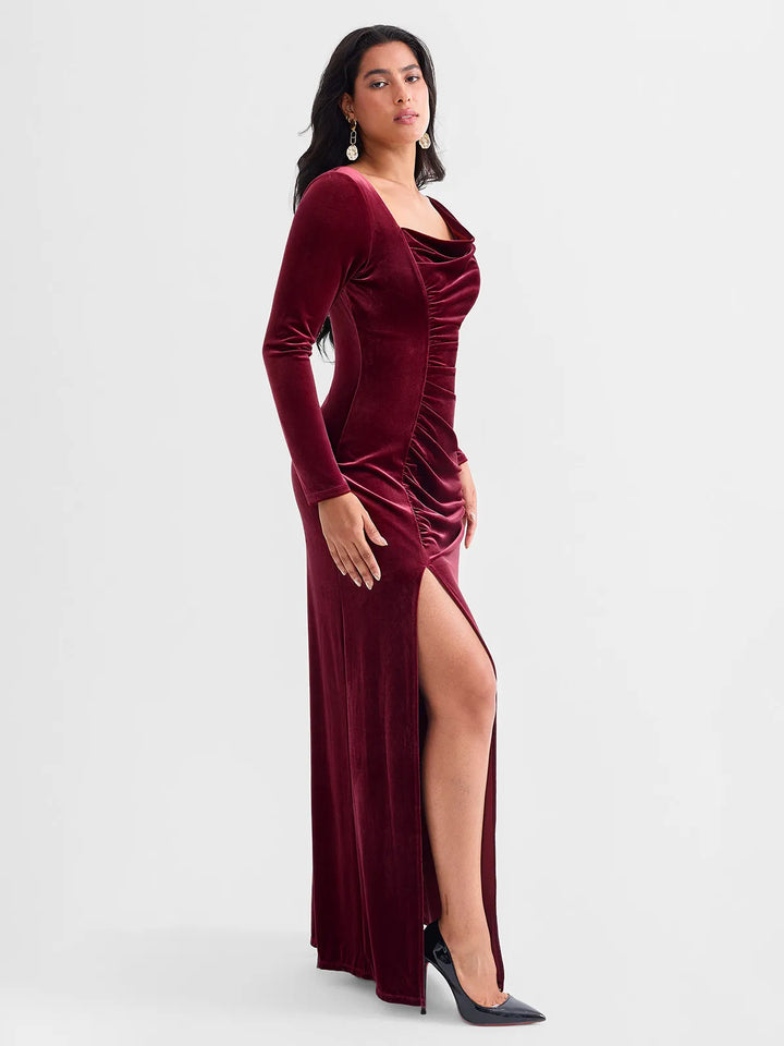 Velvet Draped Long Sleeve Sculpting Column Gown - Modefluss
