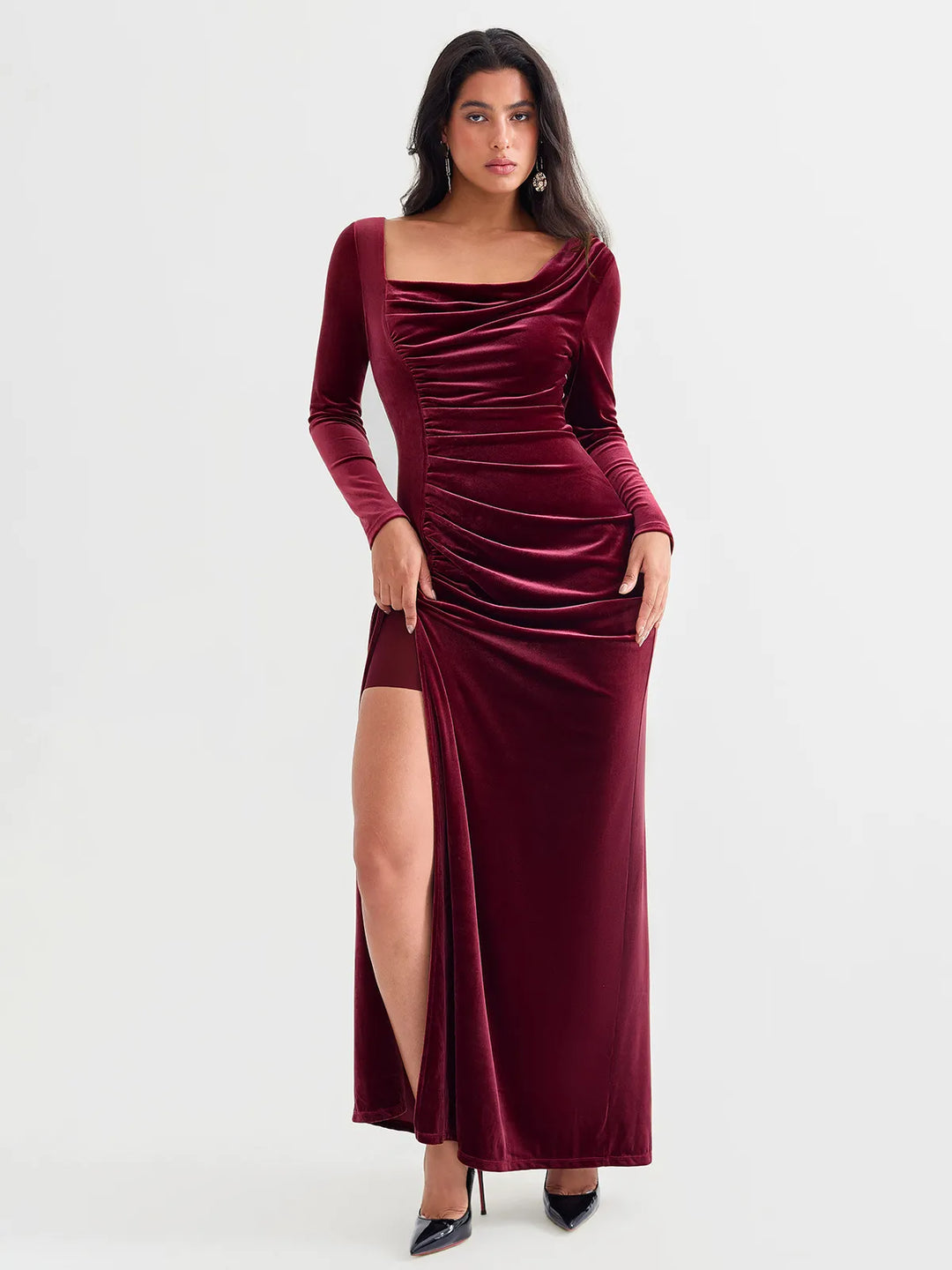Velvet Draped Long Sleeve Sculpting Column Gown - Modefluss
