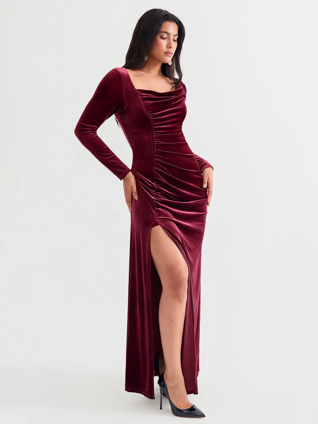Velvet Draped Long Sleeve Sculpting Column Gown - Modefluss