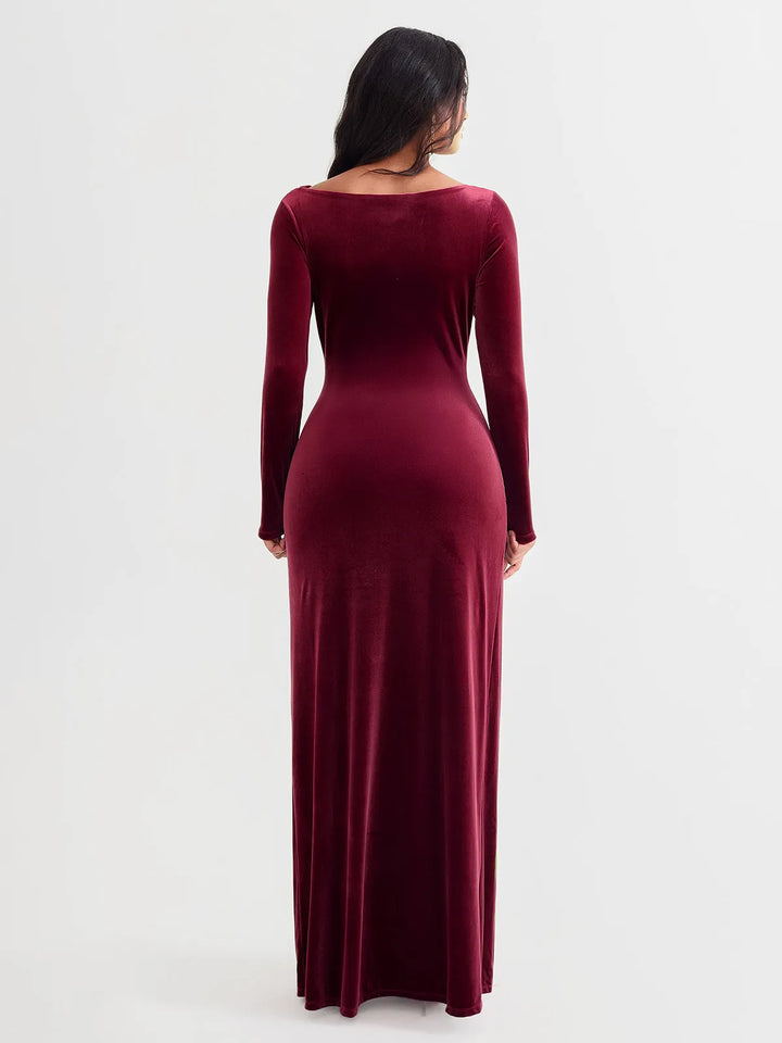 Velvet Draped Long Sleeve Sculpting Column Gown - Modefluss