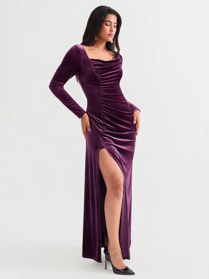 Velvet Draped Long Sleeve Sculpting Column Gown - Modefluss