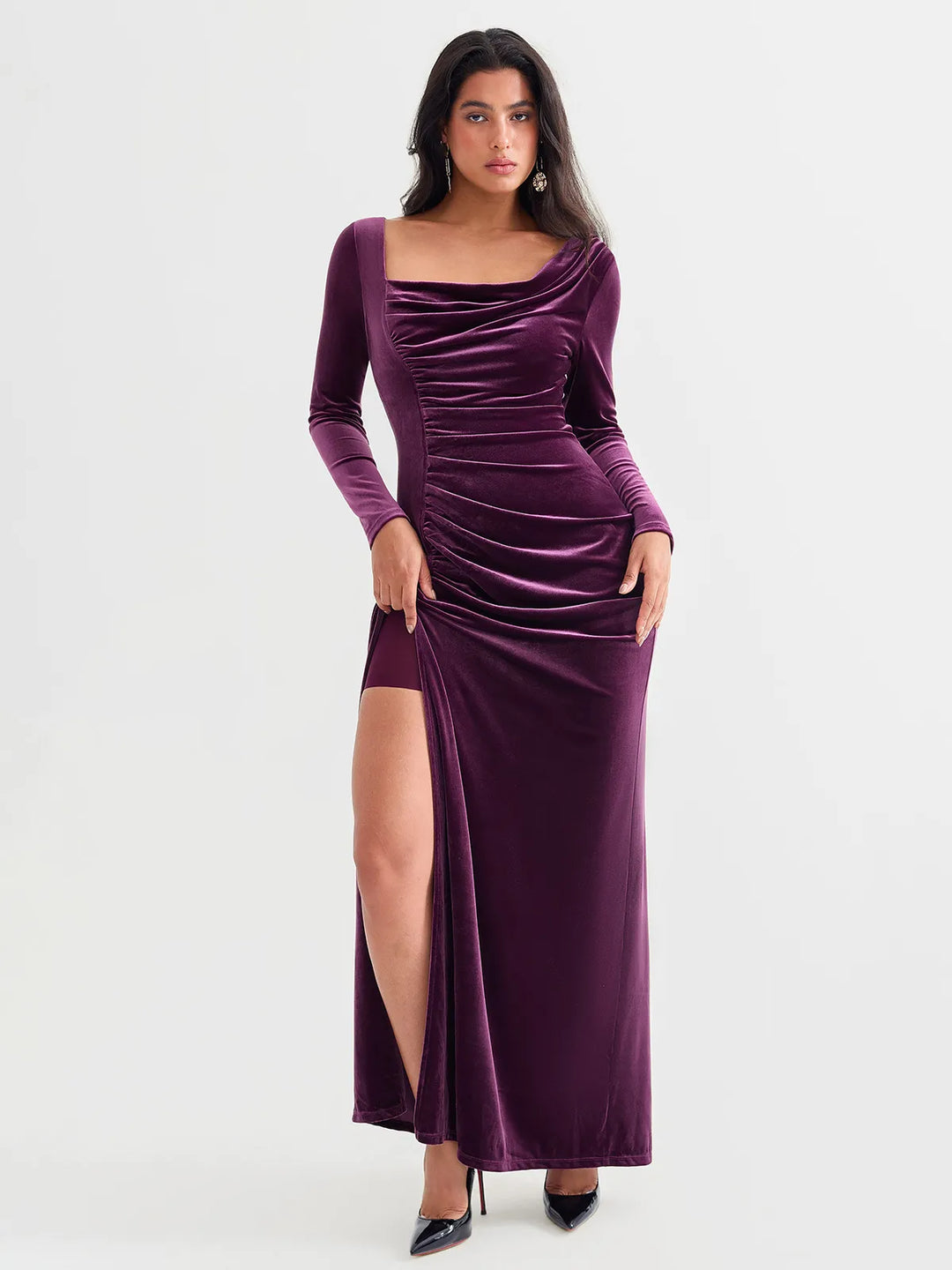 Velvet Draped Long Sleeve Sculpting Column Gown - Modefluss
