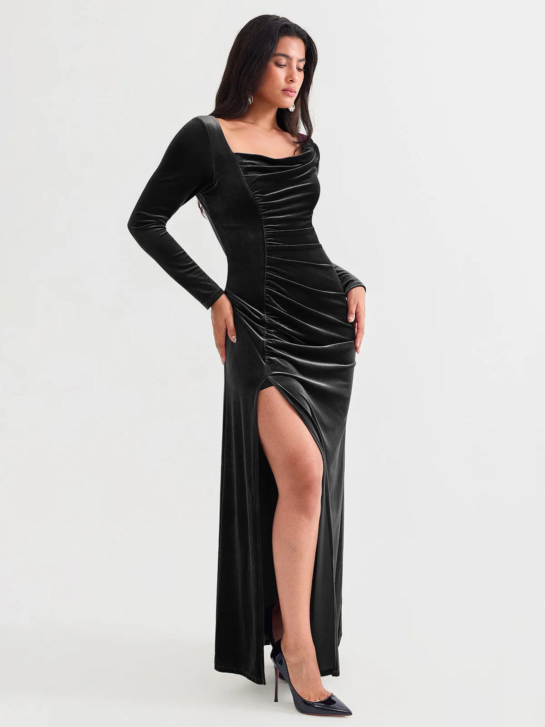 Velvet Draped Long Sleeve Sculpting Column Gown - Modefluss