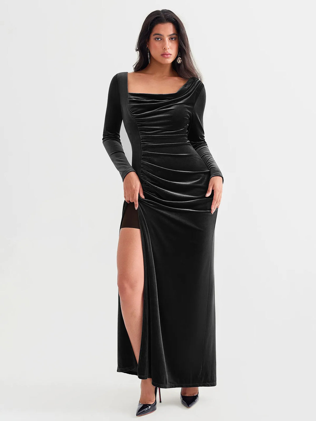 Velvet Draped Long Sleeve Sculpting Column Gown - Modefluss