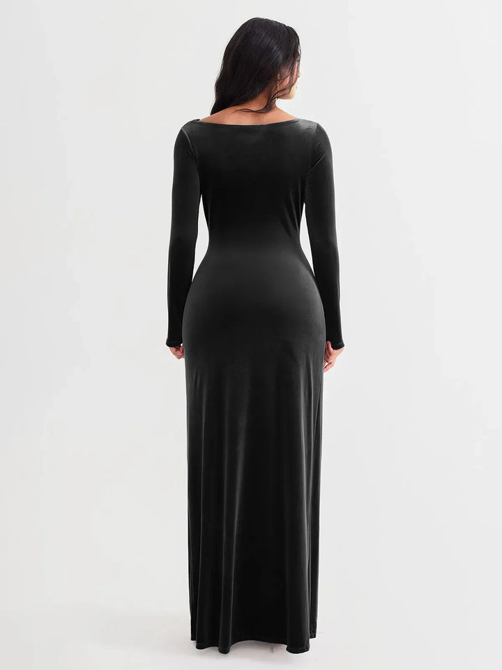 Velvet Draped Long Sleeve Sculpting Column Gown - Modefluss