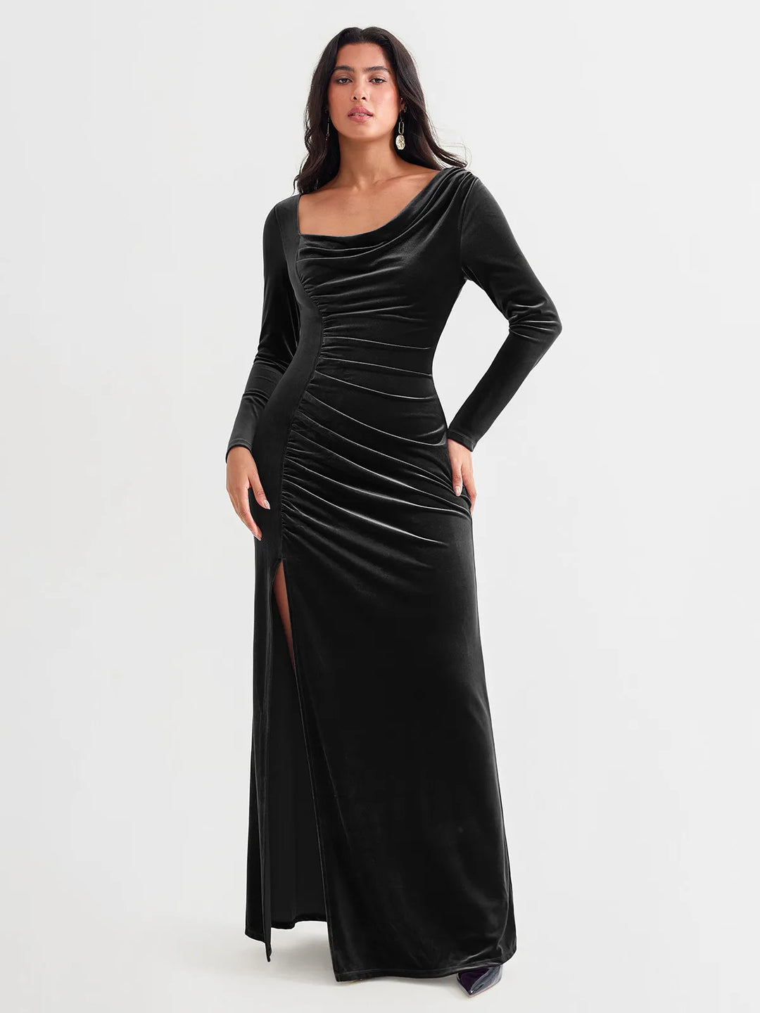 Velvet Draped Long Sleeve Sculpting Column Gown - Modefluss